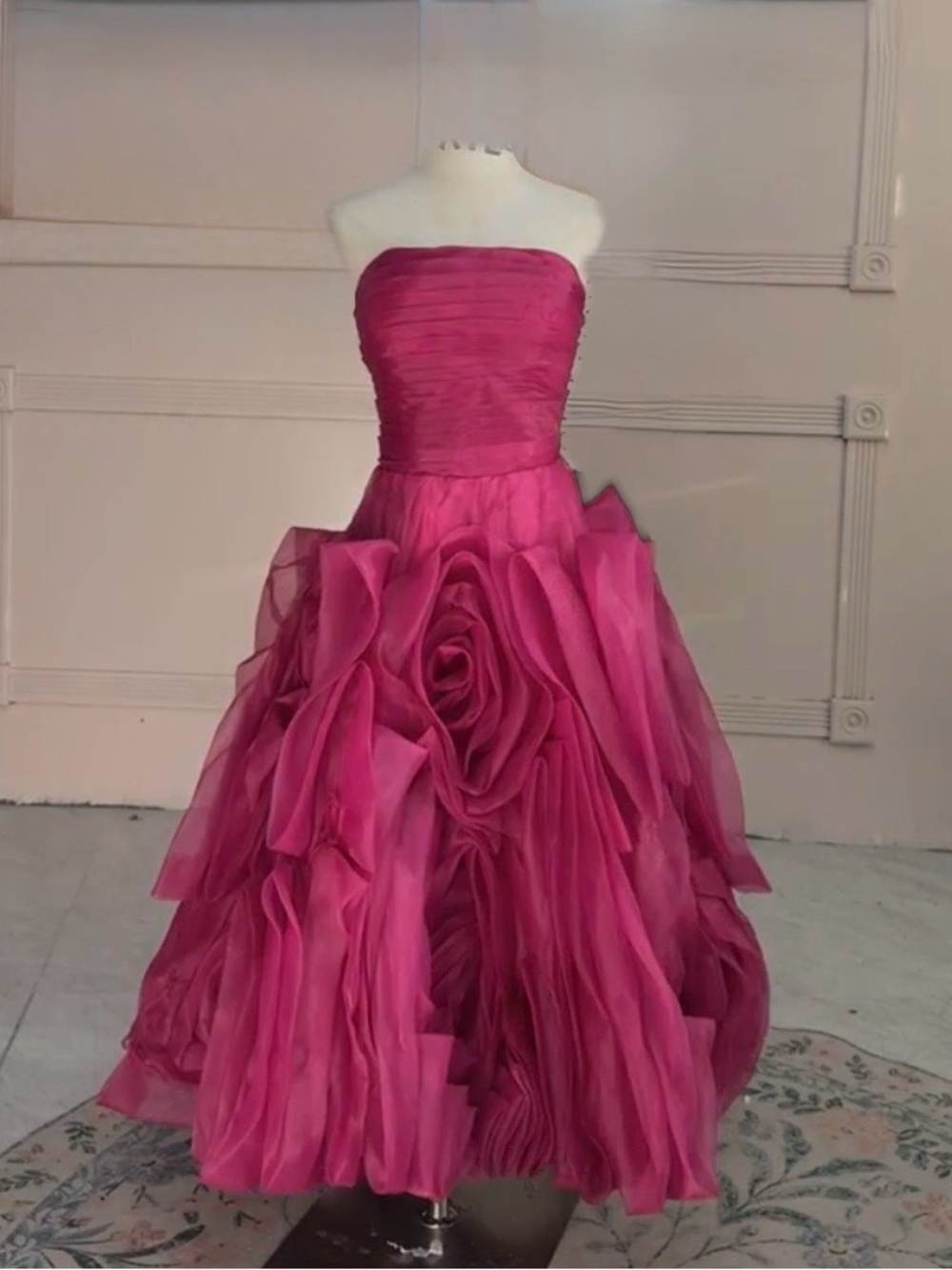 Organza Rosette Midi A-Line Strapless Gown